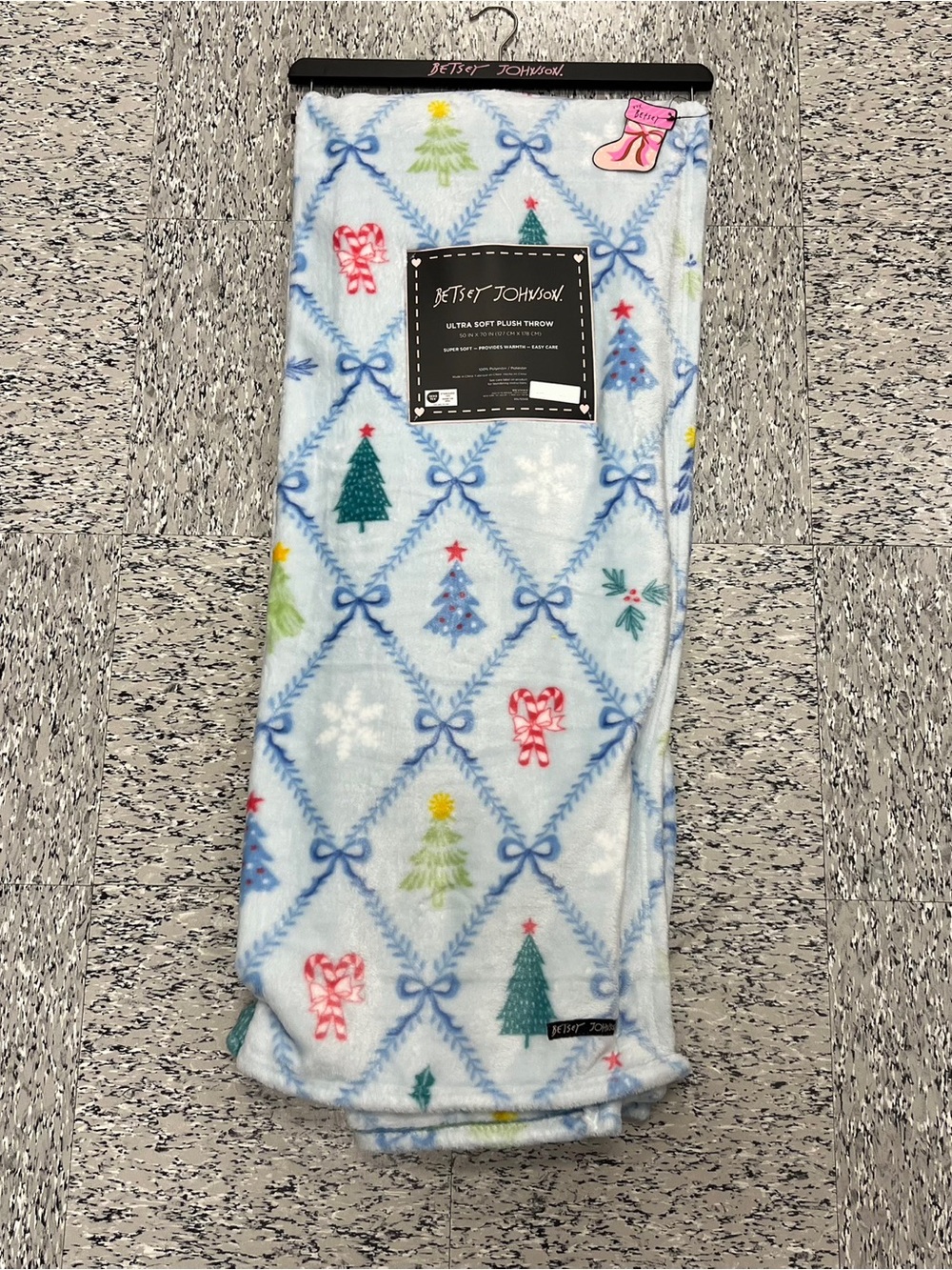 Betsey Johnson Christmas Trees Snowflake Candy Cane Blue 50x70 Plush Throw NEW